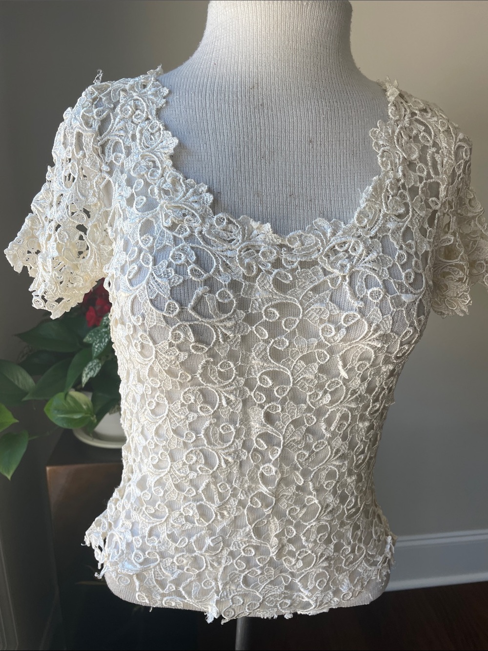 Ivory Lace Short Sleeve Midi Top - Elegant Floral Overlay